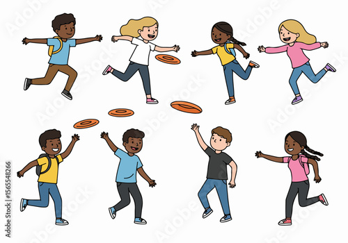 Happy diverse children playing frisbee outdoors illustration