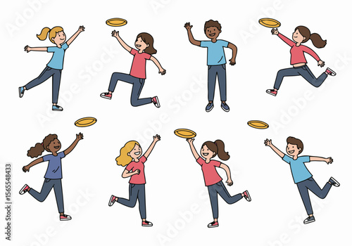 Collection of Cartoon Illustrations of Diverse Children Playing Frisbee with Energy and Joyful Expressions