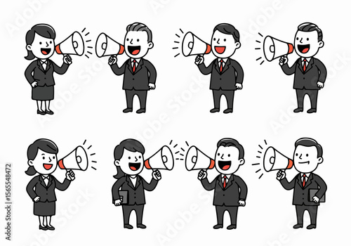 Cartoon business people using megaphones to make announcements, communicate messages, or promote ideas. Illustration of men and women shouting into loudspeakers for marketing or attention.