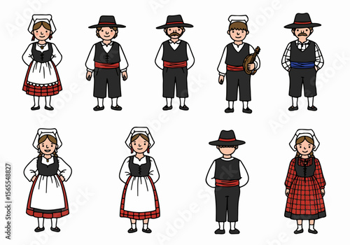 Set of illustrated people in traditional Portuguese folk costumes