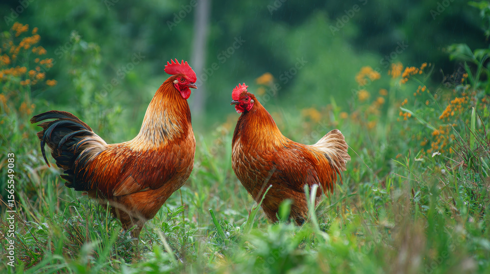 Fototapeta premium A rooster and a hen freely roaming on green grass in a rural countryside setting. 