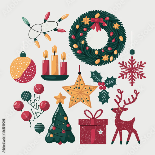 vector Happy New Year Celebrating 2025 in Latin letters , Christmas Decoration Items Santa Claus
