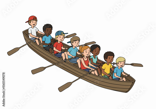 A group of diverse children happily rowing a boat together, demonstrating teamwork and cooperation in a fun outdoor activity.