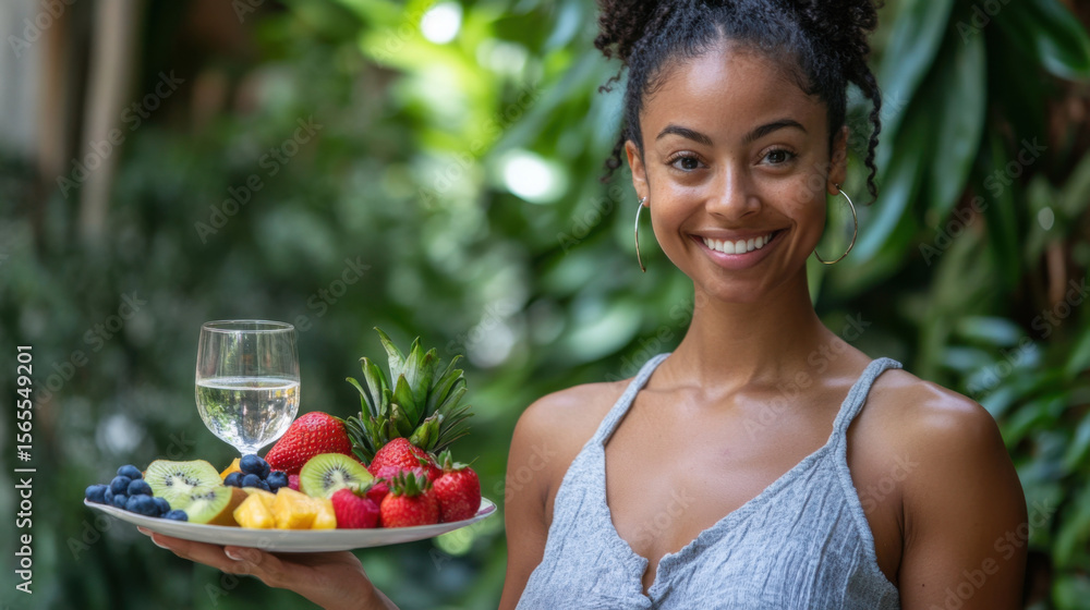 Smiling young woman holding a plate of fresh fruit with a glass of water. Smiling young woman holding a plate of fresh fruit with a glass of water.
