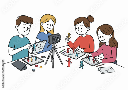 Young people collaboratively creating stop motion animation using figures, tablets, and a camera on a tripod, illustrating creativity and learning.