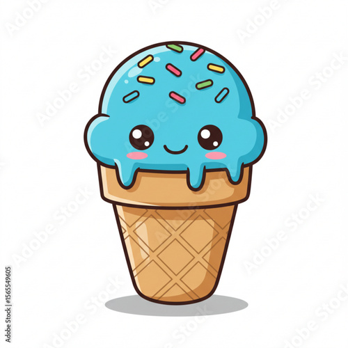 Cute cartoon ice cream cone with blue scoop, sprinkles, and a happy face.