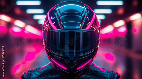 Modern motorcycle helmet with neon lighting creating a vibrant atmosphere in an urban setting