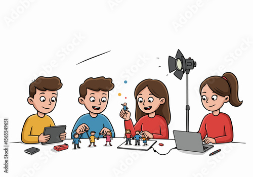 Happy children creating stop motion animation video using figures, technology, and studio lighting in a fun, collaborative learning project.