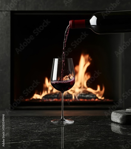 Red wine pouring into a glass against a fireplace on a black background. 