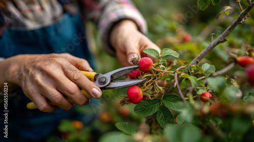 A woman trims faded rose hips using pruners as part of her summer garden maintenance.