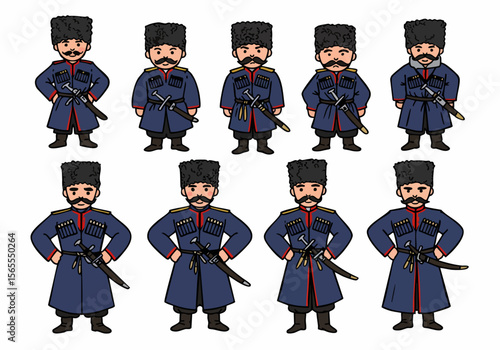 Cartoon characters depicting historical Cossacks wearing traditional uniforms, fur hats, and swords.