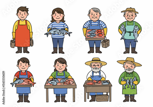 Collection of cartoon illustrations depicting various fishmongers and fishermen displaying and selling fresh fish.