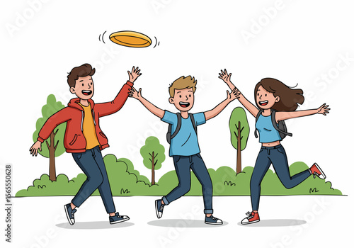 Illustration of three happy young friends playing frisbee together in a park, enjoying outdoor activity and fun.