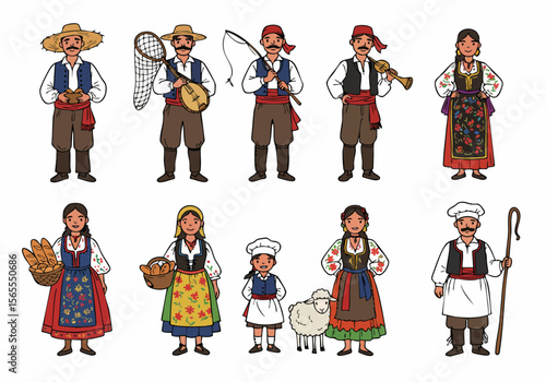 Diverse set of people in traditional Balkan or Eastern European folk costumes representing various village occupations and cultural roles illustration.
