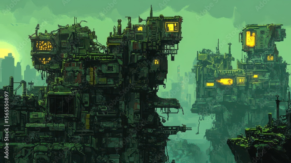Obraz premium Pixelated cityscape of ruined structures.