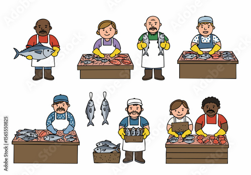 Diverse cartoon people selling fresh fish at a bustling market stall, showcasing a variety of seafood for retail and healthy eating.