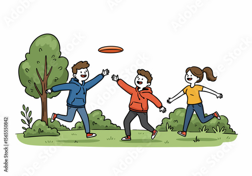 Cartoon illustration of three happy children playing frisbee together in a sunny park, enjoying outdoor leisure and friendship.