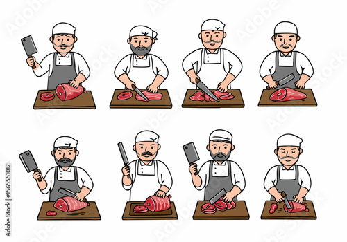 Set of Cartoon Butchers Cutting Meat Illustrations