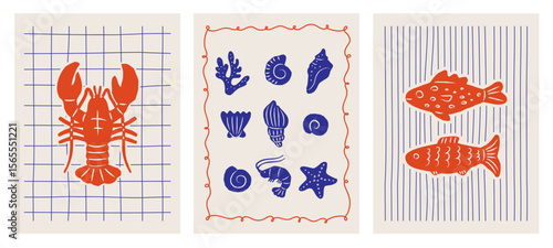 Set of abstract whimsical posters with fish, lobster and sea shells. Trendy beach prints in blue and red colors. La dolce vita coastal design. Vector graphic
