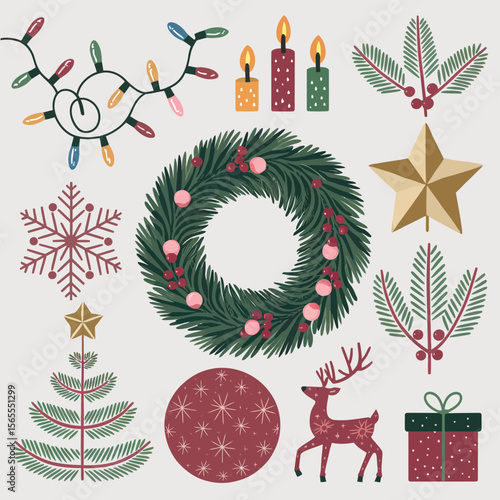vector Happy New Year Celebrating 2025 in Latin letters , Christmas Decoration Items Santa Claus
