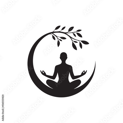 A serene silhouette of a person meditating under a tree within a moonlike circle, isolated on white background