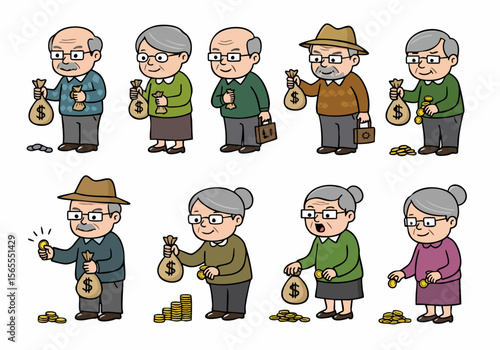 Set of cartoon illustrations depicting elderly people handling money, representing savings, retirement, and financial management in old age.