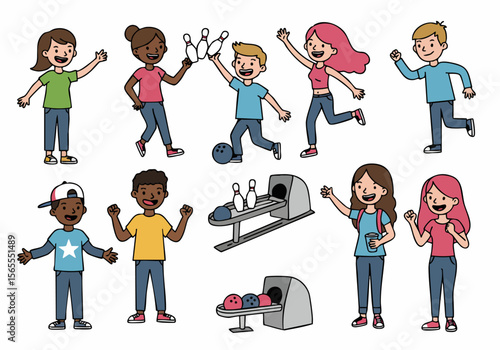 Cartoon illustration of diverse children having fun bowling, playing together, and celebrating a good game on a white background.