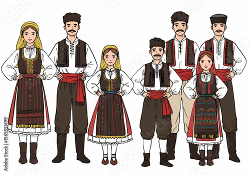 Illustration of a group of people wearing traditional Eastern European folk costumes, showcasing cultural heritage and ethnic identity.
