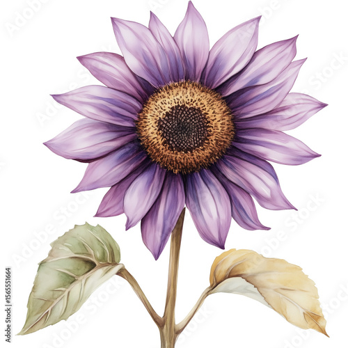 A watercolor purple sunflower isolated on a transparent background