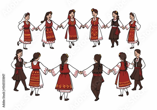 Illustration of people in traditional folk costumes dancing in a circle, holding hands and celebrating culture and heritage.