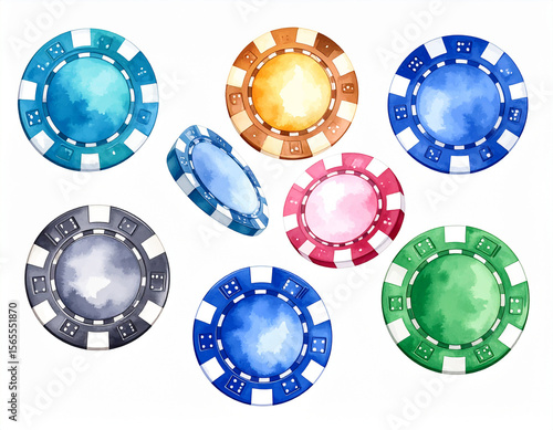 Aquarell Poker Chips – bunte Casino-Jetons als handgemalte Illustration