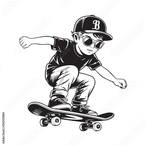 A cool boy wearing a cap and sunglasses is skateboarding, shown in a black and white line drawing, isolated on white background