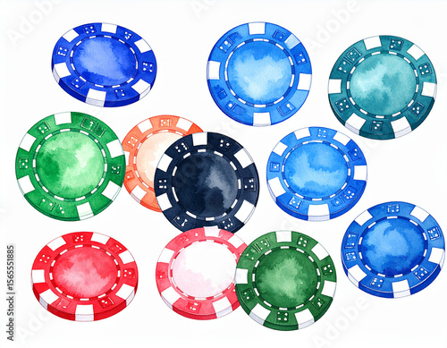Aquarell Poker Chips – bunte Casino-Jetons als handgemalte Illustration