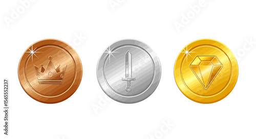 Game coins assets with crown sword and diamond for rpg and strategy games digital currency and rewards design