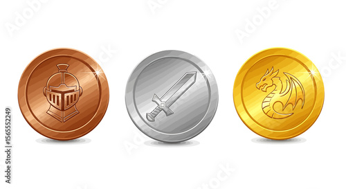 Fantasy game coins set knight sword dragon gold silver bronze vector illustration asset for rpg games