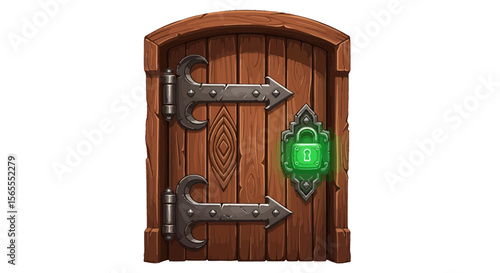 Cartoon wooden door with metal hinges and a green glowing lock for game design asset or illustration