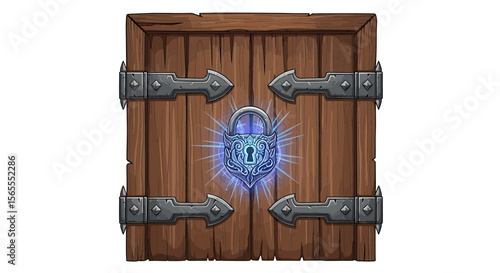 Illustration of wooden door with metal hinges and magical lock for game asset and graphic design resource