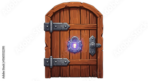 Unlock the secrets explore wooden door with magical lock game asset dungeon entrance fantasy illustration