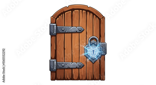 Cartoon wooden door with magical lock vector illustration for game asset and design element asset resource