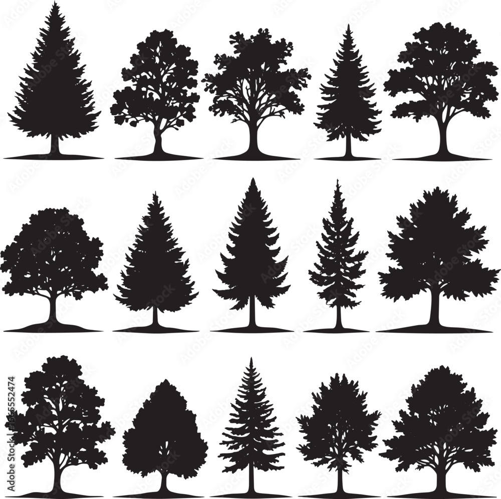 Fototapeta premium Black vector set of nature tree silhouettes including pine, oak, palm, and fir for forest, winter, or Christmas decoration design patterns