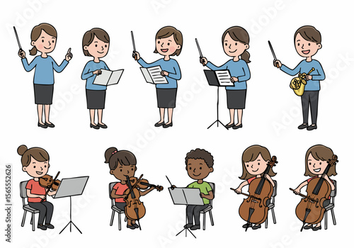 Illustration set of music performers including conductors, violinists, cellists, and a French horn player, representing an orchestra ensemble.