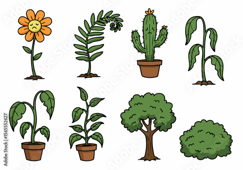 Cartoon illustration set of various plants including a sad flower, cactus, fern, wilted plants, and a healthy tree and bush.