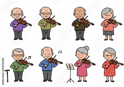 Cartoon illustration of diverse senior citizens playing the violin, depicting a hobby or musical group for older adults.