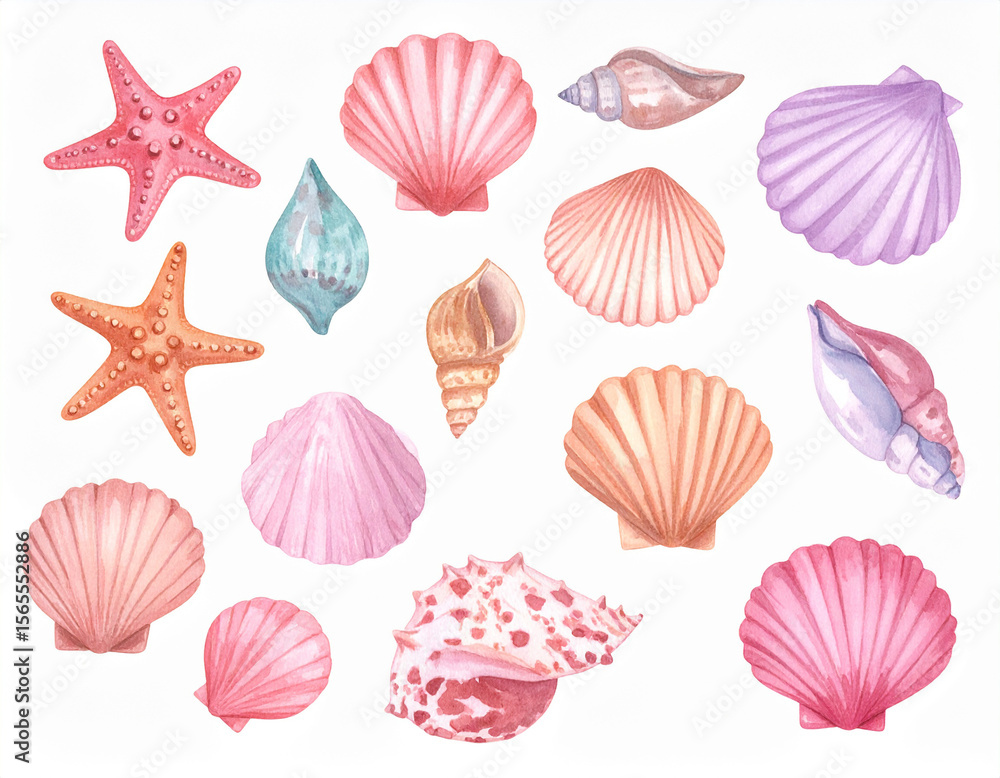 Fototapeta premium colorful Watercolor Seashells – Coastal Nature Illustration