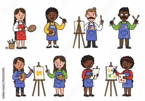 Diverse group of happy children and adults painting and creating art, illustration on white background