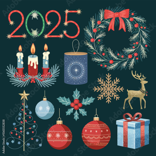 vector Happy New Year Celebrating 2025 in Latin letters , Christmas Decoration Items Santa Claus
