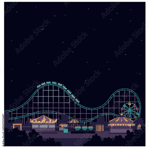 Night view of amusement park with roller coaster carousel Ferris wheel under dark starry sky