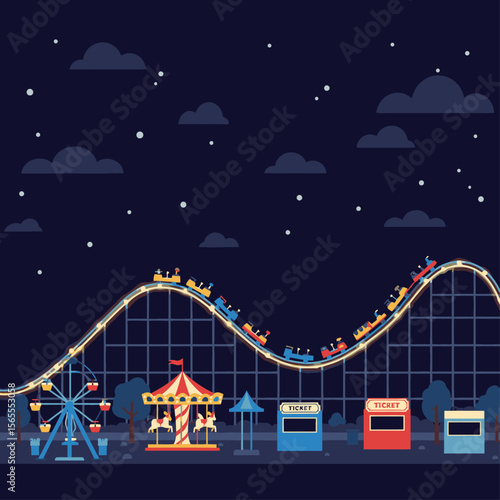 Night carnival scene with illuminated rollercoaster ferris wheel carousel ticket booths against a dark starry sky