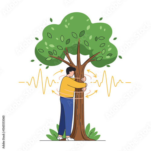 Person hugging tree surrounded by arrows  wavelike graphics