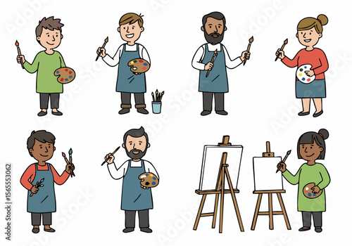 Diverse set of cartoon artists, including children and adults, holding paint brushes and palettes, with easels and canvases.